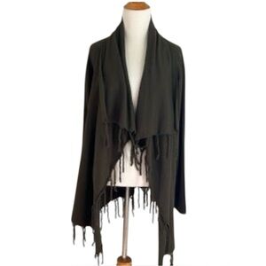 Reba Women's Olive Green Fringe Ooen Cardigan Sweater Medium
